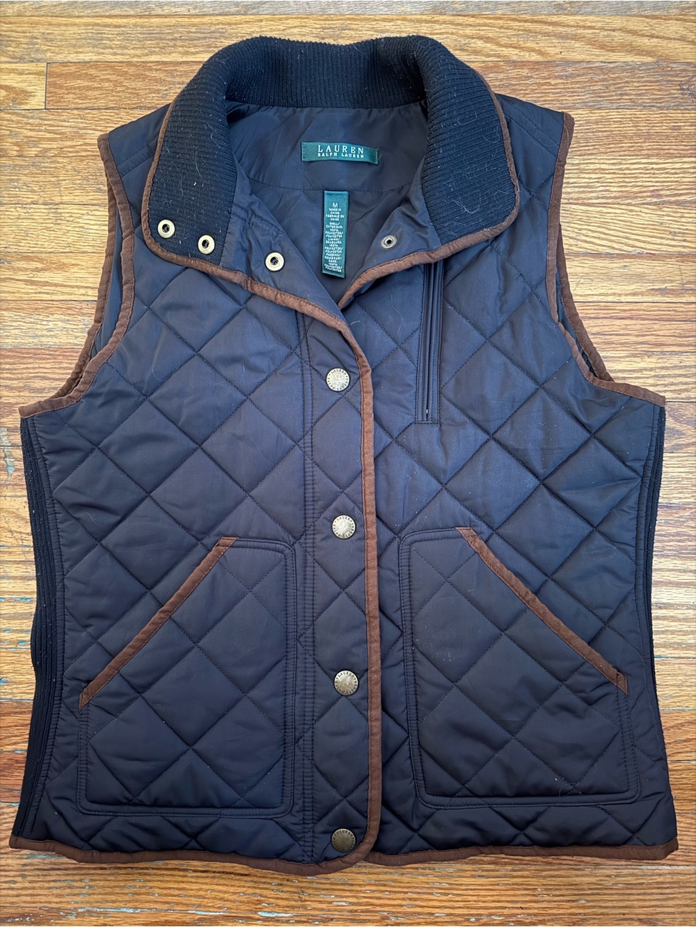 Ralph Lauren Quilted Vest Women’s M Black Brown Equestrian Preppy
